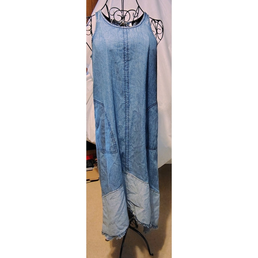 Roper Denim Maxi Dress Womens Light Wash Raw Hem Sleeveless Pockets Blue NEW